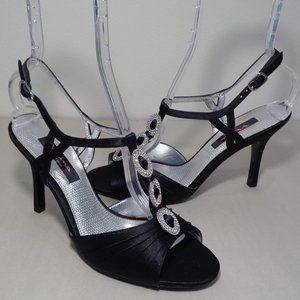 Nina Size 8.5 M VIANEY Black Luster Satin Jeweled Sandals Women's Shoes